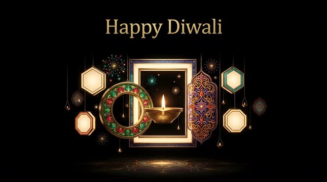 Elegant happy diwali greeting card design with glowing oil lamps and traditional indian festive decorations on black
