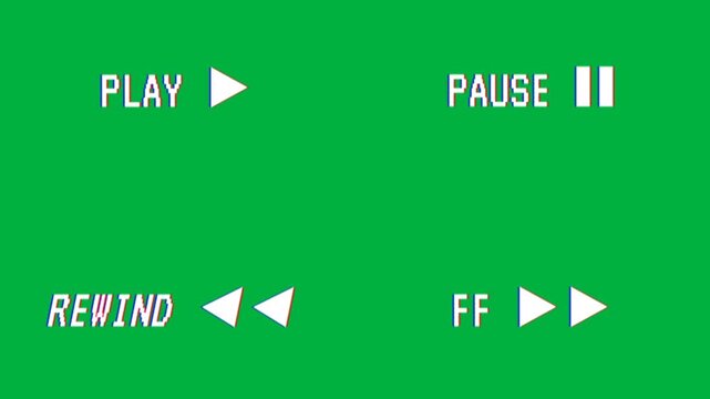 Analog video camcorder play pause rewind fast forward text collection ui seamless loop 4k isolated on green screen 4K