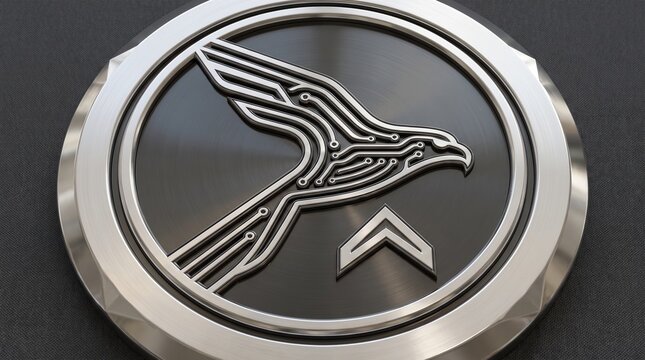Metallic falcon emblem with circuit board pattern on a dark circular badge