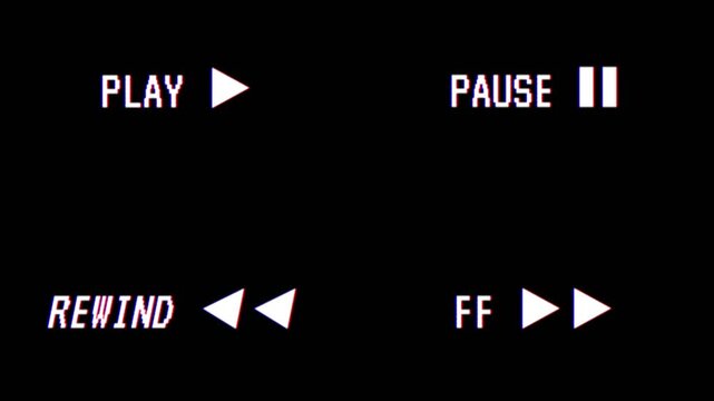 Analog video camcorder play pause rewind fast forward text collection ui seamless loop 4k isolated on black background 4K