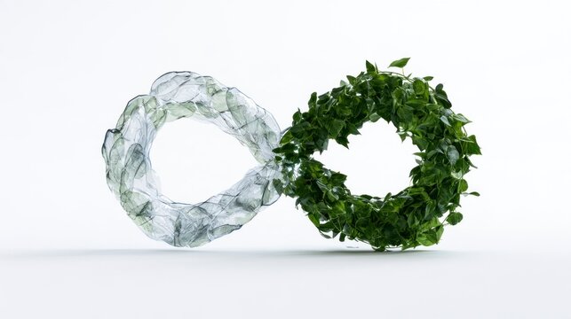 Infinity symbol made of plastic and green leaves representing circular economy and environmental sustainability concept
