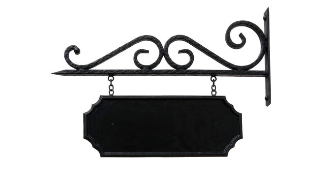 Ornate black wrought iron hanging sign bracket with blank plaque, isolated on transparent background