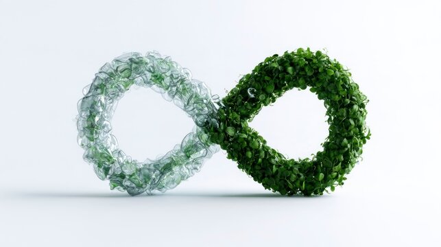Infinity symbol made of green leaves and recycled plastic, representing sustainability and circular economy on a white background.