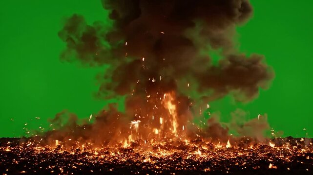 Large ground explosion with fire and smoke on green screen, vfx for action and cinematic special effects