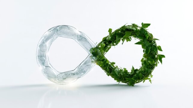 Infinity symbol made of recycled plastic and green leaves representing sustainability and circular economy concept on white background