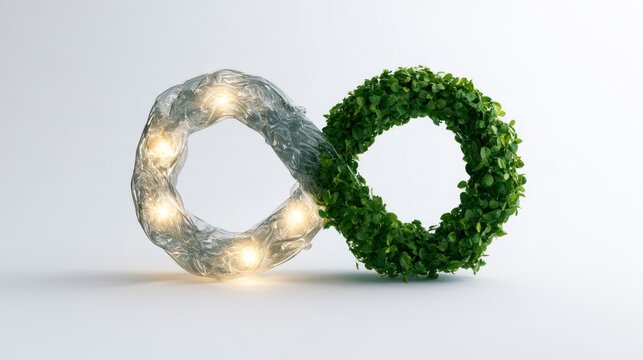 Infinity symbol made of plastic waste and green leaves representing circular economy, sustainability, and environmental conservation.
