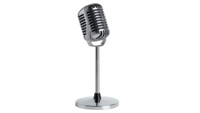 Retro silver microphone on a chrome stand, isolated on transparent background