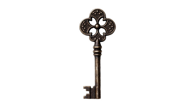 Antique ornate metal key with clover shaped bow, isolated on transparent background