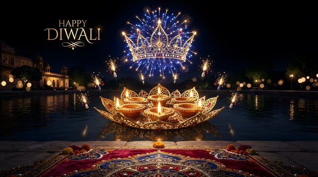 Stunning diwali celebration featuring glowing oil lamps and vibrant fireworks display against a dark night sky background