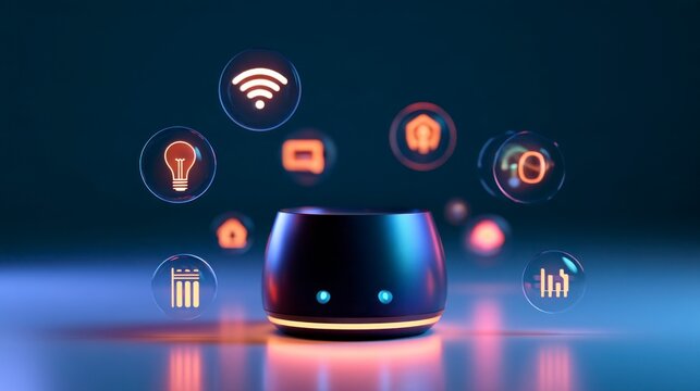 Futuristic Smart Home Assistant Device with Floating Control Icons representing IoT and Automation