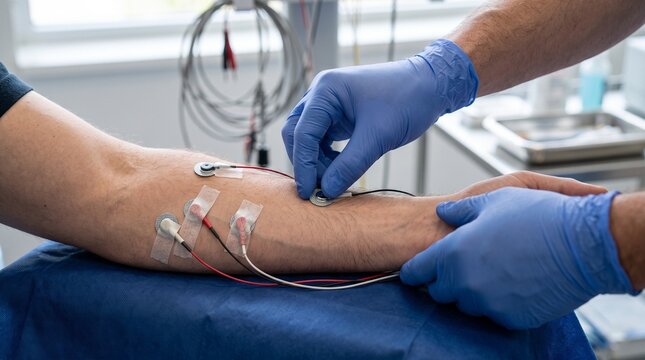 premium neurology photo, extreme close-up of a neurologist's gloved hands positioning small EMG electrodes on a patient's forearm muscle for nerve and muscle activity testing