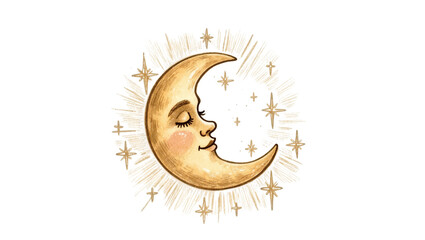 Anthropomorphic crescent moon with closed eyes and rosy cheeks surrounded by stars, isolated on transparent background © Cian