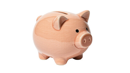 Pink ceramic piggy bank with coin slot, isolated on transparent background