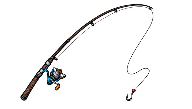 Brown wooden fishing rod with blue reel and hook, isolated on transparent background