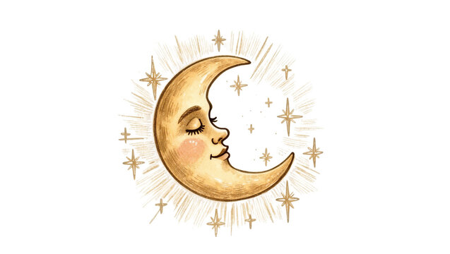 Anthropomorphic crescent moon with closed eyes and rosy cheeks surrounded by stars, isolated on transparent background