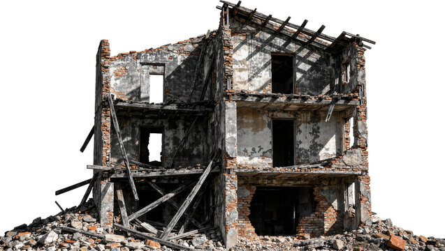 Dilapidated multi-story brick building ruins with collapsed floors and debris, isolated on transparent background