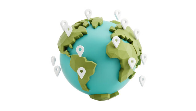 Low poly globe with multiple location pins, isolated on transparent background