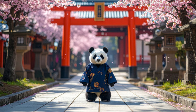 An adorable cartoon panda bear dressed in classic oriental clothes standing on a walkway near a red torii gate under a clear sky during Sakura festival season
