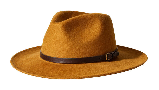 Brown felt fedora hat with dark leather band and buckle, isolated on transparent background