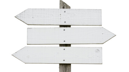 Three blank white wooden direction signs on a post, isolated on transparent background © Cian