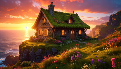 Obraz premium Charming cozy stone cottage with a green grass roof covered in colorful blooming flowers on a grassy cliff overlooking the ocean during a beautiful golden sunset