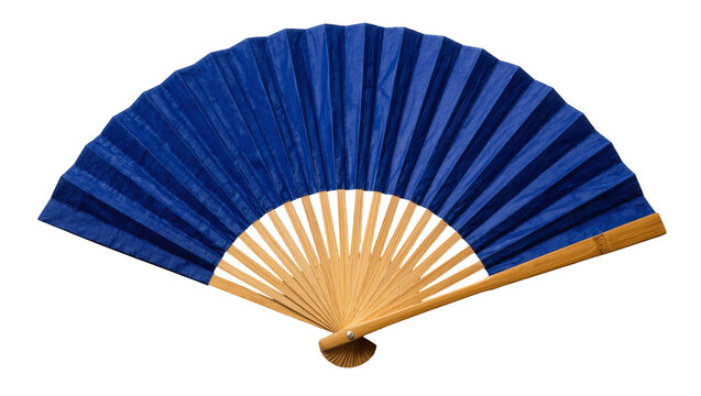 Open blue paper fan with wooden ribs, isolated on transparent background