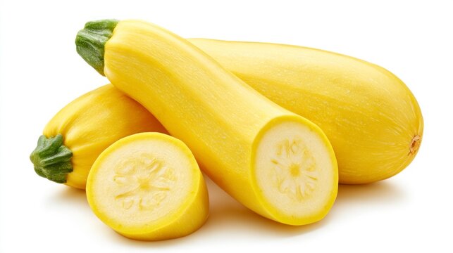 Fresh yellow zucchini squash, whole and sliced, isolated on a white background