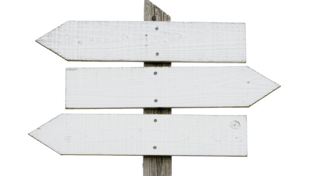 Three blank white wooden direction signs on a post, isolated on transparent background
