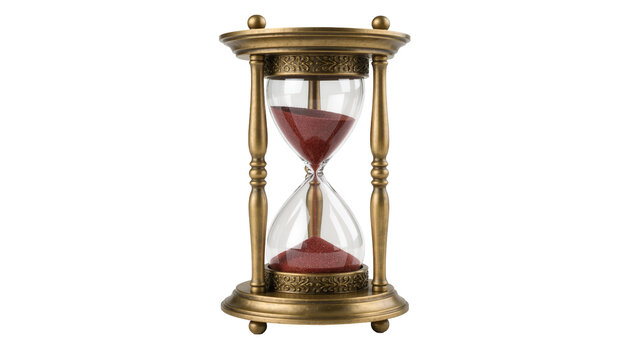 Antique brass hourglass with red sand, isolated on transparent background