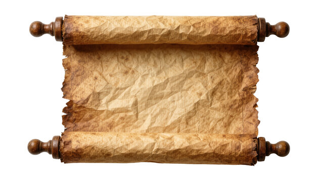Antique parchment scroll with wooden handles aged and crumpled, isolated on transparent background