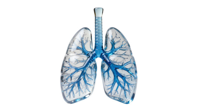 Transparent glass lungs with blue bronchial tubes, isolated on transparent background
