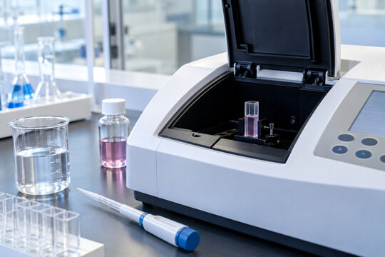 UV Vis spectrophotometer with cuvette for laboratory analysis