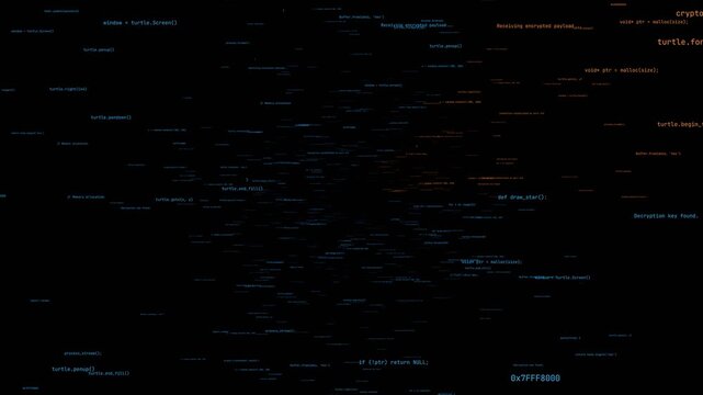 Computer Source Code Snippets Floating in 3D Cyberspace with Dynamic Camera Flythrough in Dark Virtual Matrix