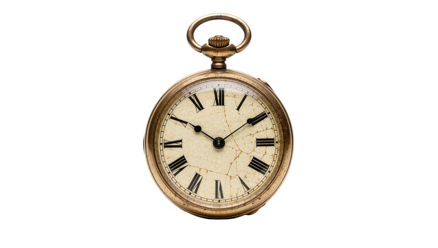 Antique gold pocket watch with Roman numerals and cracked face, isolated on transparent background
