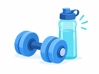 Naklejka premium Trening siłowy na siłowni, nowoczesny hantel obok sportowego bidonu na wodę, ilustracja flat design.
