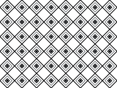 Seamless pattern with repeating nested diamond shapes and central black dots on a white background, for textile and surface