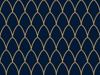 Seamless repeating pattern featuring interlocking gold arches creating a scalloped fish scale effect on a solid deep navy blue background © Defendar13