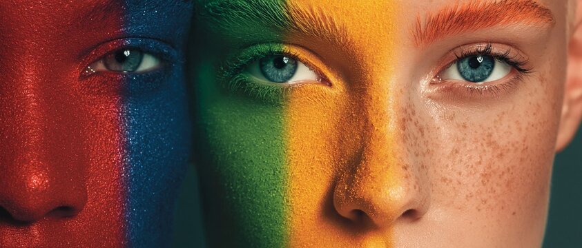 Close up of a person's face painted with rainbow colors including red blue green and yellow against a dark background.