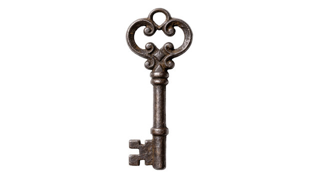 Ornate antique metal skeleton key with decorative bow, isolated on transparent background