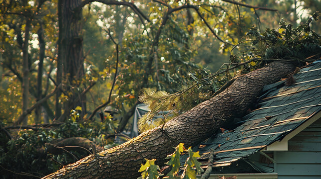 A massive fallen tree trunk and broken branches crush the shingle roof of a residential house after a severe storm disaster causing structural damage, property loss, insurance claim concept stock phot