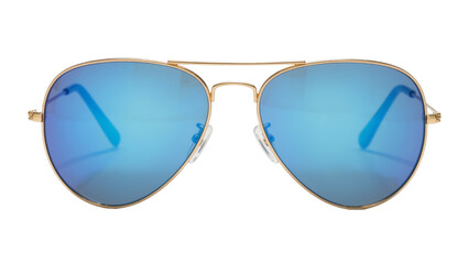 Gold aviator sunglasses with blue mirrored lenses, isolated on transparent background