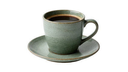 Rustic green ceramic coffee cup with dark coffee, isolated on transparent background