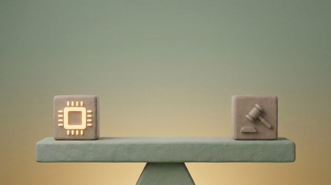 Clay balance beam weighing a glowing AI microchip block against a gavel law block, symbolizing artificial intelligence regulation, tech ethics and legal balance concept