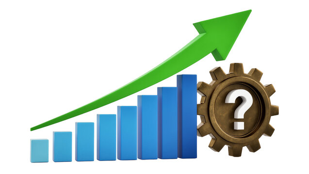 Blue bar graph with green upward arrow and bronze gear with question mark, isolated on transparent background