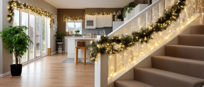 Warm light illuminates a festive staircase decorated with garlands and ornaments, creating a welcoming atmosphere for the holiday season