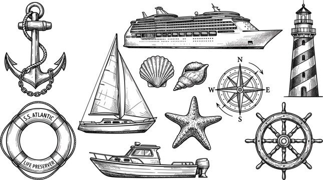 Vintage hand drawn maritime nautical vector illustration collection with ships anchor lighthouse compass and marine life