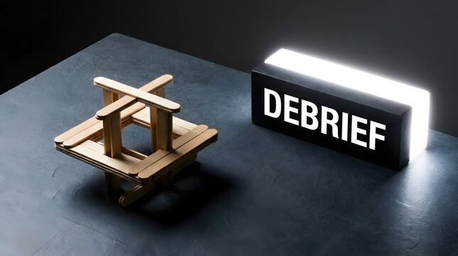 Business debrief concept featuring a wooden craft stick structure symbolizing a completed project or foundation next to a bright glowing lightbox displaying the word debrief on a dark background.