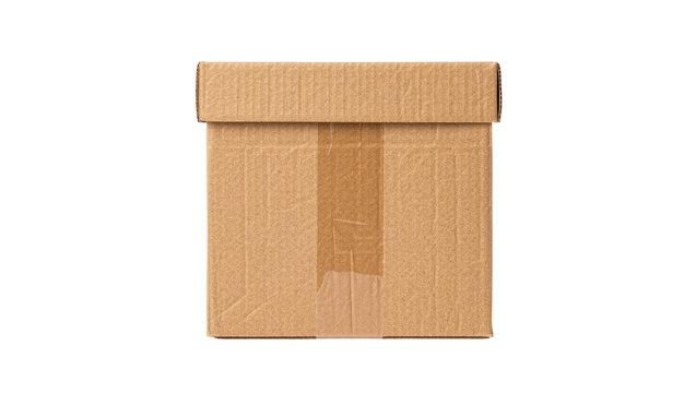 Closed cardboard box with tape, isolated on transparent background