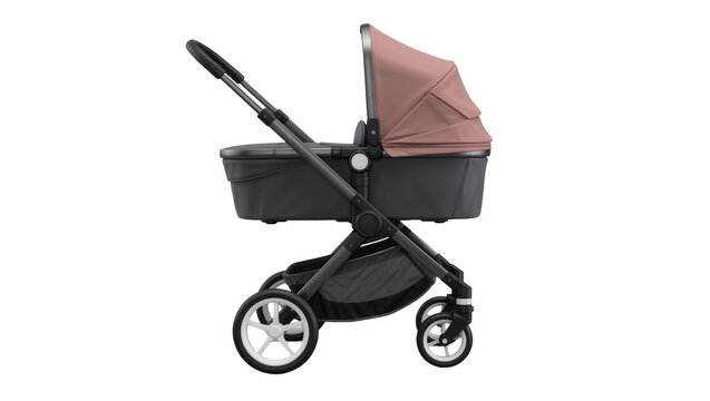 Modern rose gold baby stroller with dark gray bassinet, isolated on transparent background