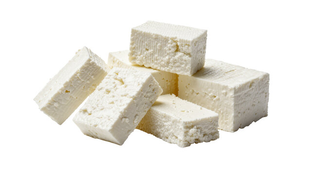 Several rectangular blocks of crumbly white feta cheese, isolated on transparent background